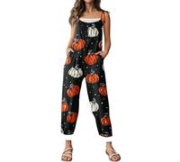 Combinaison d'Halloween pour femme avec motif tête de mort, citrouille, bretelles, jambes larges, salopette ample et ample avec motif squelette - Barboteuse décontractée à bretelles réglables