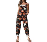 Combinaison d'Halloween pour femme avec motif tête de mort, citrouille, bretelles, jambes larges, salopette ample et ample avec motif squelette - Barboteuse décontractée à bretelles réglables
