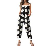 Combinaison d'Halloween pour femme avec motif tête de mort, citrouille, bretelles, jambes larges, salopette ample et ample avec motif squelette - Barboteuse décontractée à bretelles réglables