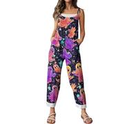 Combinaison d'Halloween pour femme avec motif tête de mort, citrouille, bretelles, jambes larges, salopette ample et ample avec motif squelette - Barboteuse décontractée à bretelles réglables
