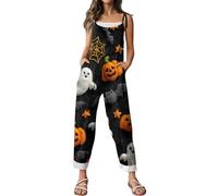 Combinaison d'Halloween pour femme avec motif tête de mort, citrouille, bretelles, jambes larges, salopette ample et ample avec motif squelette - Barboteuse décontractée à bretelles réglables