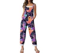 Combinaison d'Halloween pour femme avec motif tête de mort, citrouille, bretelles, jambes larges, salopette ample et ample avec motif squelette - Barboteuse décontractée à bretelles réglables