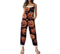 Combinaison d'Halloween pour femme avec motif tête de mort, citrouille, bretelles, jambes larges, salopette ample et ample avec motif squelette - Barboteuse décontractée à bretelles réglables
