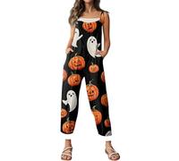 Combinaison d'Halloween pour femme avec motif tête de mort, citrouille, bretelles, jambes larges, salopette ample et ample avec motif squelette - Barboteuse décontractée à bretelles réglables