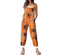 Combinaison d'Halloween pour femme avec motif tête de mort, citrouille, bretelles, jambes larges, salopette ample et ample avec motif squelette - Barboteuse décontractée à bretelles réglables
