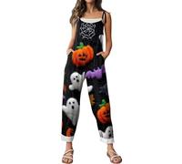 Combinaison d'Halloween pour femme avec motif tête de mort, citrouille, bretelles, jambes larges, salopette ample et ample avec motif squelette - Barboteuse décontractée à bretelles réglables