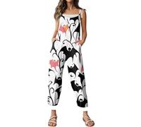 Combinaison d'Halloween pour femme avec motif tête de mort, citrouille, bretelles, jambes larges, salopette ample et ample avec motif squelette - Barboteuse décontractée à bretelles réglables