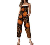 Combinaison d'Halloween pour femme avec motif tête de mort, citrouille, bretelles, jambes larges, salopette ample et ample avec motif squelette - Barboteuse décontractée à bretelles réglables