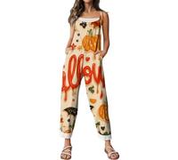 Combinaison d'Halloween pour femme avec motif tête de mort, citrouille, bretelles, jambes larges, salopette ample et ample avec motif squelette - Barboteuse décontractée à bretelles réglables