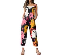 Combinaison d'Halloween pour femme avec motif tête de mort, citrouille, bretelles, jambes larges, salopette ample et ample avec motif squelette - Barboteuse décontractée à bretelles réglables
