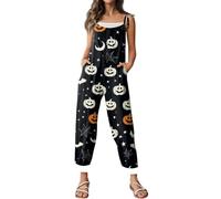 Combinaison d'Halloween pour femme avec motif tête de mort, citrouille, bretelles, jambes larges, salopette ample et ample avec motif squelette - Barboteuse décontractée à bretelles réglables