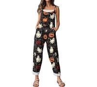 Combinaison d'Halloween pour femme avec motif tête de mort, citrouille, bretelles, jambes larges, salopette ample et ample avec motif squelette - Barboteuse décontractée à bretelles réglables