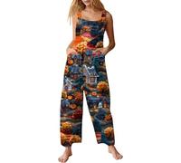 Combinaison d'Halloween pour femme avec poches - Jambe large - Sans manches - Motif citrouille - Barboteuse ample - Imprimé squelette - Coupe ample - Tendance - Graphique - Amusant - Fête à thème