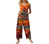 Combinaison d'Halloween pour femme avec poches - Jambe large - Sans manches - Motif citrouille - Barboteuse ample - Imprimé squelette - Coupe ample - Tendance - Graphique - Amusant - Fête à thème