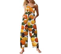 Combinaison d'Halloween pour femme avec poches - Jambe large - Sans manches - Motif citrouille - Barboteuse ample - Imprimé squelette - Coupe ample - Tendance - Graphique - Amusant - Fête à thème