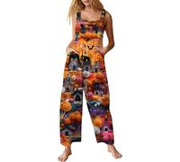 Combinaison d'Halloween pour femme - Jambe large - Salopette citrouille grande taille - Imprimé squelette - Sans manches - Salopette ample - Tendance - Graphique - Amusant - Fête à thème, Orange, L