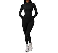 Combinaison d'hiver pour femme - Manches longues - Col roulé - Yoga - Avec fermeture éclair - Sans coutures - Doublure polaire, Noir , S