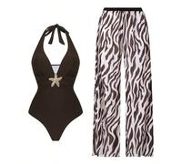 Combinaison dos nu avec décoration en métal en forme d'étoile de mer et col en V profond, nouvelle collection printemps/été 2026 pour femmes. Ensemble de tenue de plage Top de gamme 2 pièces avec pant