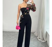 Combinaison droite à épaule unique en maille brodée pour femmes, avec manche papillon. Tenues décontractées pour le printemps et l'automne L,M,S,XL,XSFloral,Plantes,Tout ImpriméTissu tricoté