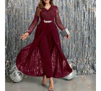 Combinaison élégante à encolure en V, patchwork, maille transparente, manches longues, décoration de strass, taille cintrée, grande taille pour femmes 0XL,1XL,2XL,3XL,4XLUnicoloreTissu tricoté
