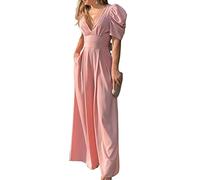 Combinaison élégante à jambes larges et sexy avec col en V profond et volants pour femme, rose, M