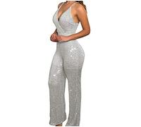 Combinaison élégante à paillettes pour femme - Combinaison festive - Sexy - Col en V - Sans manches - Paillettes - Une pièce - Moulante - Jambes larges - Pantalon d'été, argenté, XL