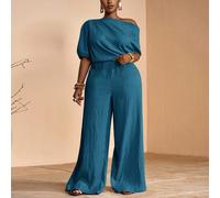 Combinaison élégante à une épaule plissée avec décoration asymétrique et jambes larges, en tissu texturé tressé, pour femmes de grande taille. Nouvelle collection printemps/été pour soirée, rendez-vou