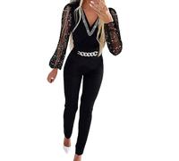 Combinaison élégante festive à paillettes pour femme - Manches longues - Taille haute - Tenue de cocktail et de fête - Sexy - Col en V - Combinaison festive - Combinaison une pièce - Combinaison