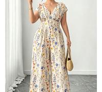 Combinaison élégante imprimée à col V à la mode, décontractée et idéale pour les vacances, dans un style rétro français Petite 4XL,Petite 3XL,Petite 2XL,Petite 1XL,Petite 0XLImprimés aléatoiresTissu t