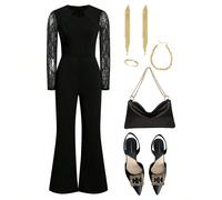 Combinaison élégante noire avec dentelle contrastée pour femmes, printemps et été L,M,S,XLBlocs de couleur,UnicoloreTissu tricoté