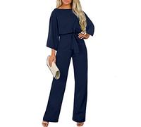 Combinaison élégante pour femme - Avec ceinture - Manches longues - Col rond - Jambes larges - Combinaison longue - Combinaison de loisirs - S-XXL, bleu, M