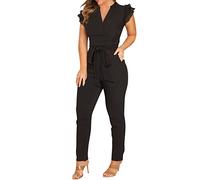 Combinaison élégante pour femme - Col en V - Combinaison longue - Taille haute - Pour cocktail, fête, été - Pantalon festif - Combinaison longue élastique avec poches - Pour femme - Mariage, Noir ,