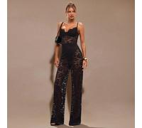 Combinaison en dentelle noire transparente sans manches, tenue élégante pour sortir, pour la journée, les rendez-vous, les fêtes. Combinaison asymétrique à jambes larges, convient pour le printemps/ét