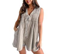Combinaison en jean d'été ample sans manches avec cordon de serrage - Short en jean sans manches avec lacets sur le devant - Confortable - Tendance - Décontracté - Combinaison en jean avec jambes