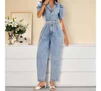 Combinaison en jean élégante et décontractée pour femme, coupe ample, style intellectuel, pour le travail et les rendez-vous, avec manches pétales L,M,S,XSUnicoloreJean