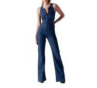 Combinaison en jean pour femme | Coupe ajustée sexy avec fermeture éclair sans manches col en V taille haute pantalon jean mode barboteuse pantalon évasé pour femme barboteuse dos nu débardeur denim