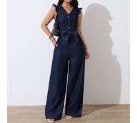 Combinaison en jean sans manches avec volants pour femmes, tenue élégante décontractée d'été pour la plage et les vacances, couleur unie, col en V avec poches latérales, pour femmes grandes Tall XS,Ta