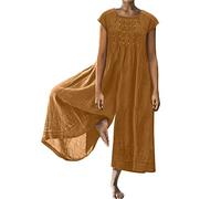 Combinaison en lin pour femme : Combinaisons élégantes body en coton lin salopette sarouel d'été à manches avec poches barboteuse jambe large une pièce respirante salopette à bretelles, jaune, XL