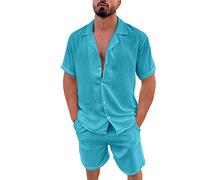 Combinaison en lin pour homme - Pour l'été - Mariage - Ensemble complet - Chemise hawaïenne respirante - Bermuda tendance - Short léger - Short de loisirs simple - Doux - Tenue de loisirs confortable,