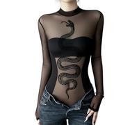 Combinaison en maille transparente avec motif imprimé serpent en tissu extensible à manches longues et col montant pour femme, noir, Large