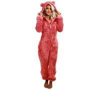 Combinaison en polaire pour femme - Combinaison longue avec capuche et fermeture éclair - Combinaison d'hiver chaude - Pyjama moelleux - Unisexe - Vêtement de nuit - Costume d'animaux, Rouge pastèque