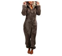Combinaison en polaire pour femme - Combinaison longue avec capuche et fermeture éclair - Combinaison d'hiver chaude - Pyjama moelleux - Unisexe - Vêtement de nuit - Costume d'animaux, marron, S
