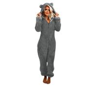 Combinaison en polaire pour femme - Combinaison longue avec capuche et fermeture éclair - Combinaison d'hiver chaude - Pyjama moelleux - Unisexe - Vêtement de nuit - Costume d'animaux, gris foncé, L