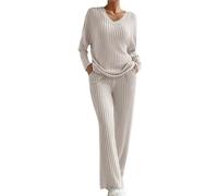Combinaison en tricot 2 pièces pour femme - Tenue de loisirs - Col en V - Pantalon côtelé à manches longues - Pull en tricot + pantalon droit - Combinaison de sport douce - Tenue de maison ample -