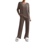 Combinaison en tricot 2 pièces pour femme - Tenue de loisirs - Col en V - Pantalon côtelé à manches longues - Pull en tricot + pantalon droit - Tenue de maison ample - Combinaison de sport douce