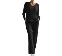Combinaison en tricot 2 pièces pour femme - Tenue de loisirs - Col en V - Pantalon côtelé à manches longues - Pull en tricot + pantalon droit - Combinaison de sport douce - Tenue de maison ample -