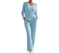Combinaison en tricot 2 pièces pour femme - Tenue de loisirs - Col en V - Pantalon côtelé à manches longues - Pull en tricot + pantalon droit - Combinaison de sport douce - Tenue de maison ample -