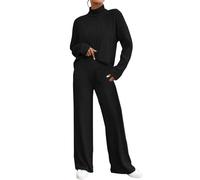Combinaison en tricot 2 pièces pour femme - Tenue de loisirs - Col en V - Pantalon côtelé à manches longues - Pull en tricot + pantalon droit - Tenue de maison ample - Combinaison de sport douce