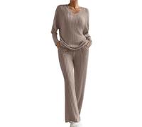 Combinaison en tricot deux pièces pour femme - Tenue de loisirs - Col en V - Pantalon - Manches longues - Pull en tricot côtelé + pantalon droit - Tenue de sport - Tenue de maison douce, kaki, M
