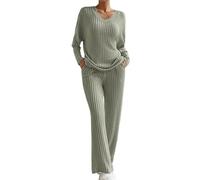 Combinaison en tricot deux pièces pour femme - Tenue de loisirs - Col en V - Pantalon - Manches longues - Pull en tricot côtelé + pantalon droit - Tenue de sport - Tenue de maison douce, L